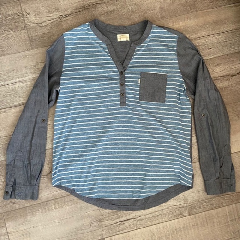 Levis‎ Women’s Large Chambray Striped Top Roll Tab Sleeves